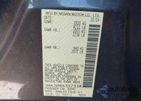 2015 Nissan Altima 2.5 Sl from USA, damaged, VIN 1N4AL3AP8FN357338